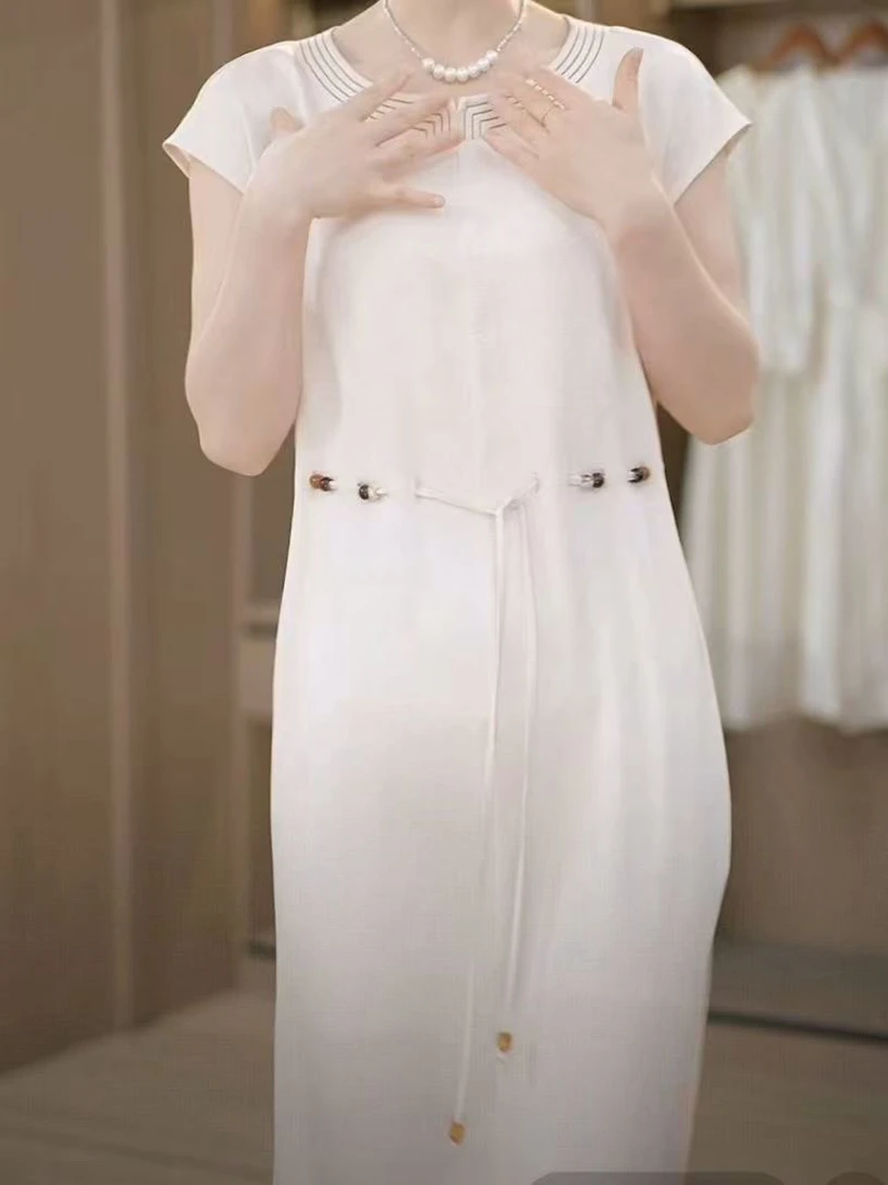 玲娜简约气质连衣裙女夏季修身减龄高级过膝a字裙8977