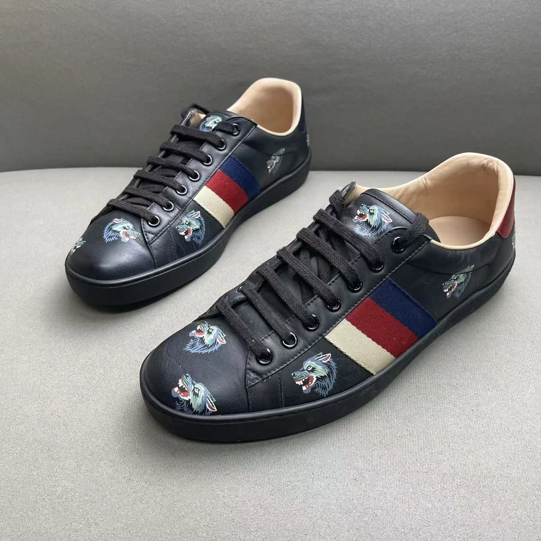 95新 GUCCI/古驰 黑色狼头印花织带休闲板鞋 41码/95新