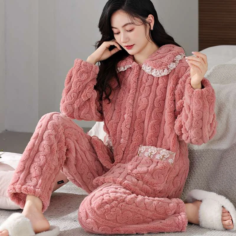 秋冬季珊瑚绒睡衣女中老年妈妈装冬款大码加绒加厚保暖冬天家居服