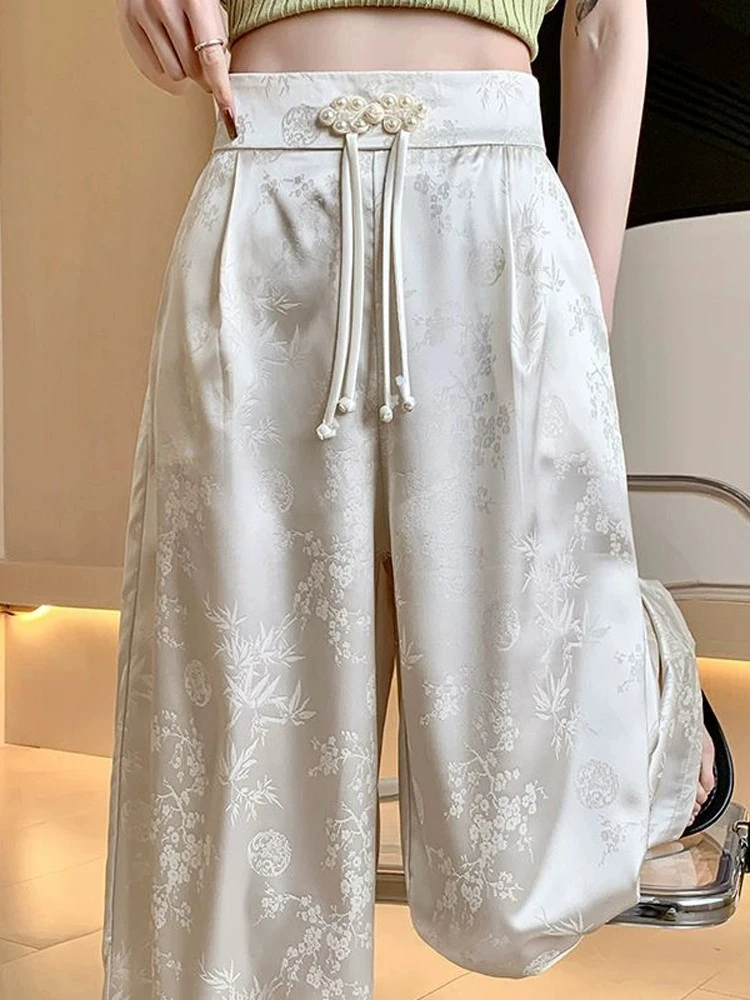 新中式国风提花缎面冰丝阔腿裤女夏季醋酸裤子松紧高腰垂感拖地裤