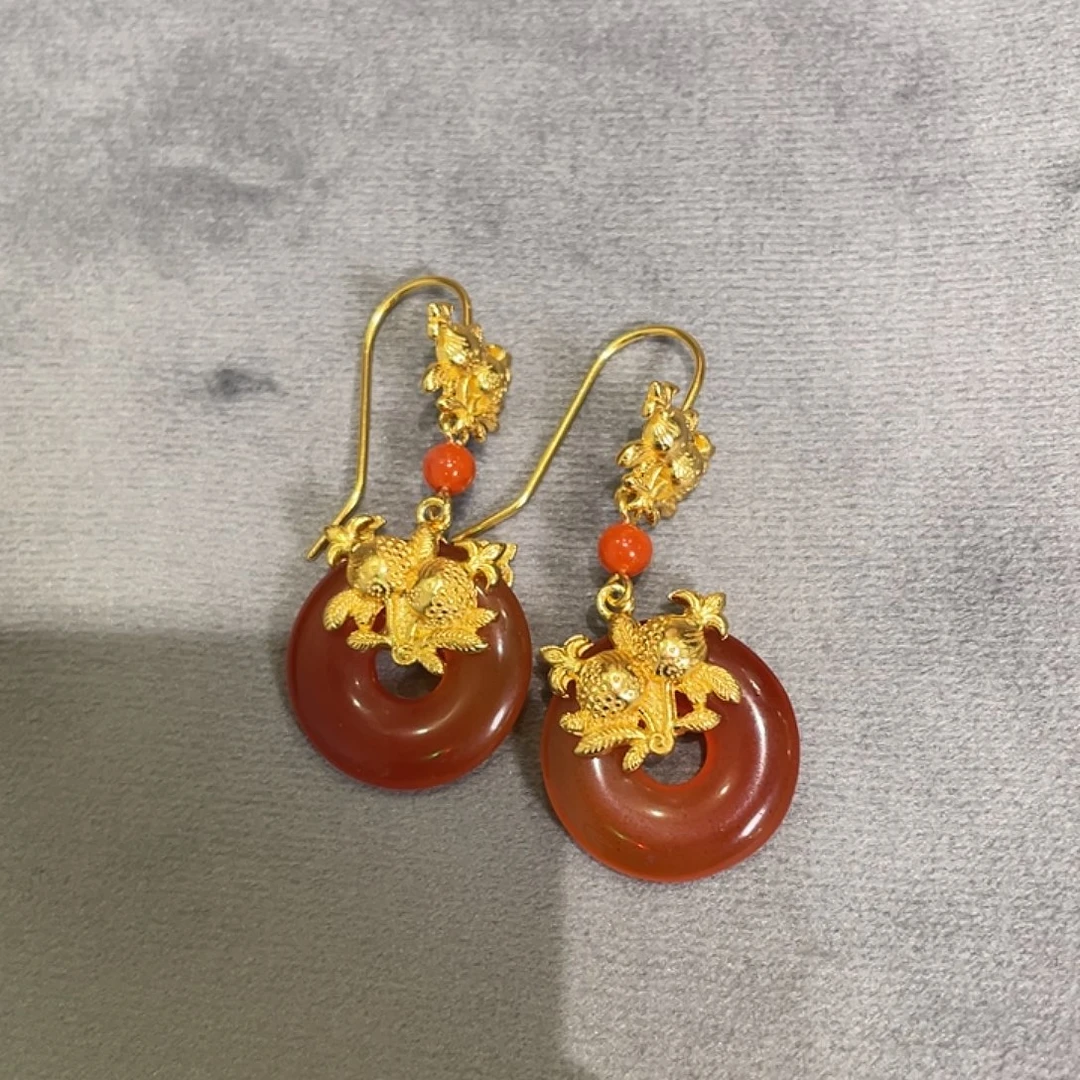 玛瑙/玉髓银S925镀金镶嵌耳环