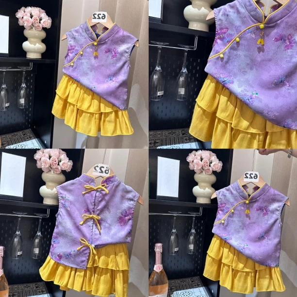 女童夏款套装儿童蕾丝碎花时尚法式仙女裙夏季新款粉色蓝色套装