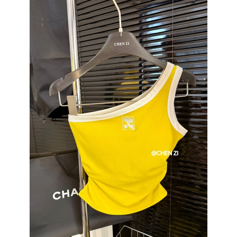 【冰氧夏日】M一体杯斜肩拼色背心吊带女夏季辣妹风单肩打底衫T恤