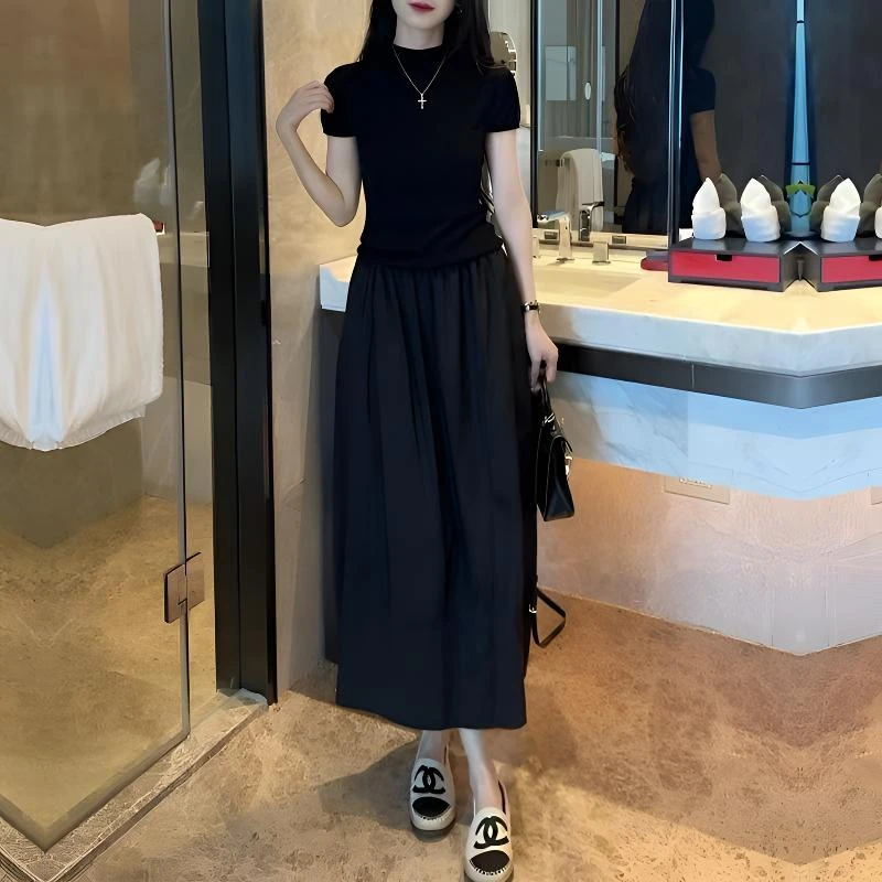 法式纯色百搭半身裙女夏季薄款宽松显瘦垂感大码中长款大摆a字裙