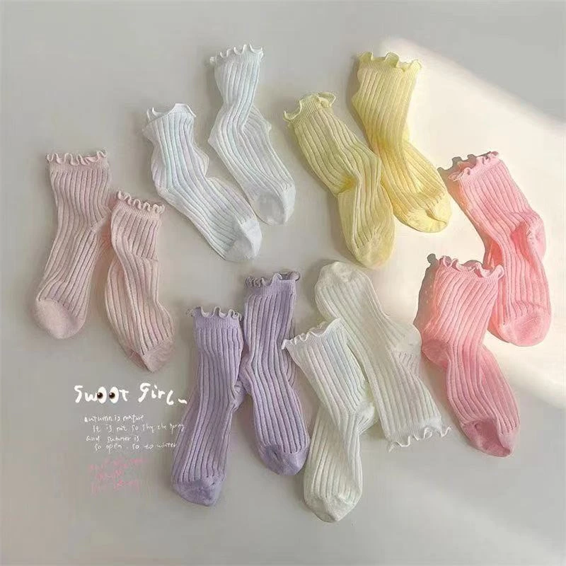 儿童袜子夏季薄款纯色木耳花边袜子韩版吸汗多巴胺色ins潮透气