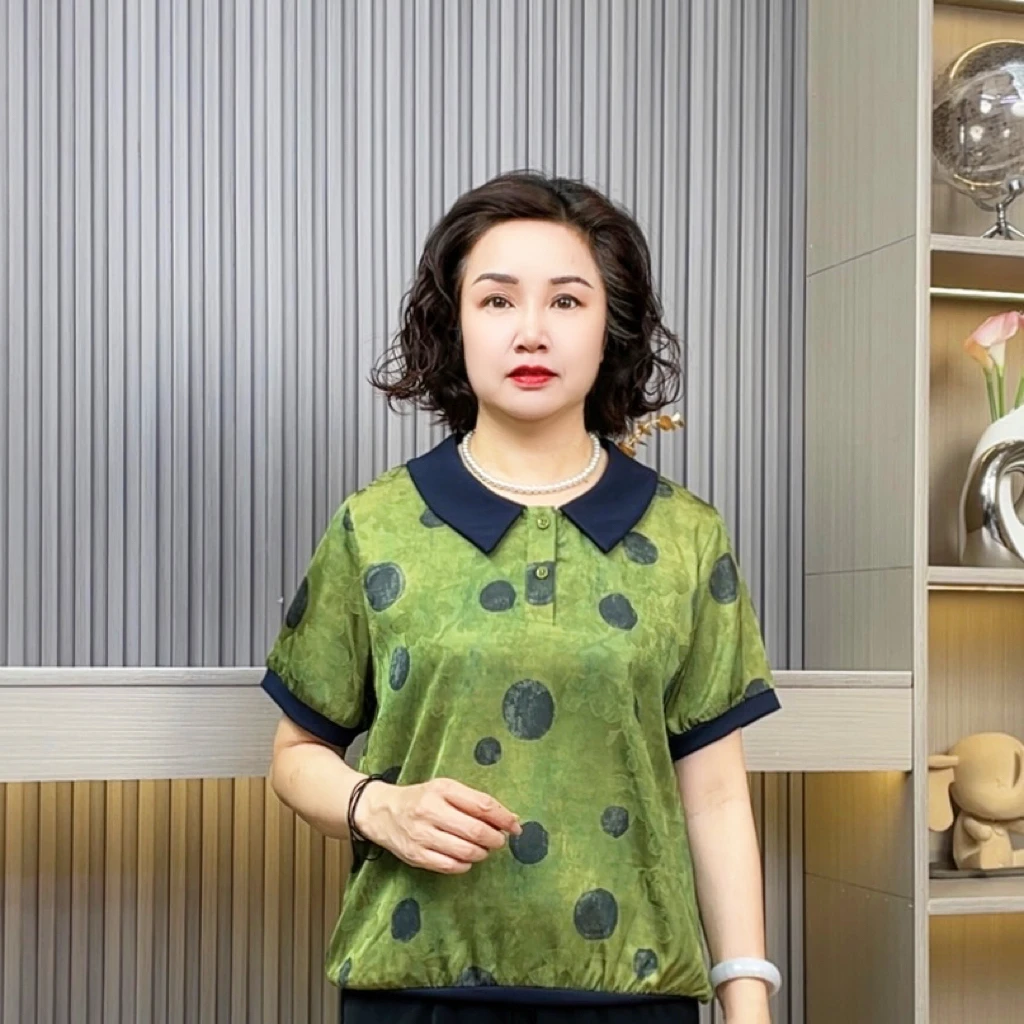 休闲风短袖常规款拼接宽松型T恤提花妈妈装套装大码宽松洋气上衣