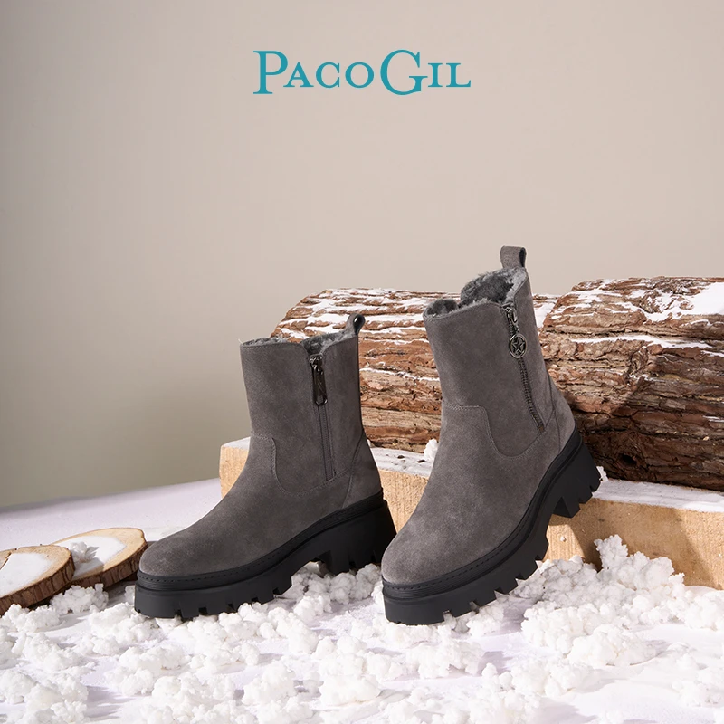 PACO GIL棉鞋厚底加绒加厚双拉链外翻雪地靴圆头粗跟靴子XPB52078