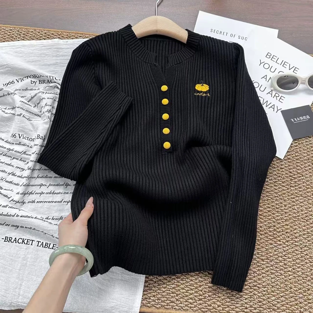 Y型领小南瓜!460克重！细坑条就是显瘦~修长脖子植绒扣针织衫Y8570