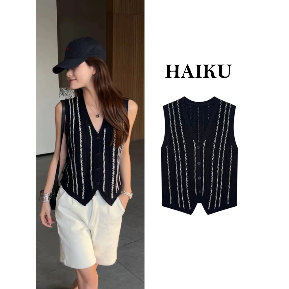 韩版百搭老钱风针织马甲条纹女夏通勤复古背心气质镂空无袖上衣