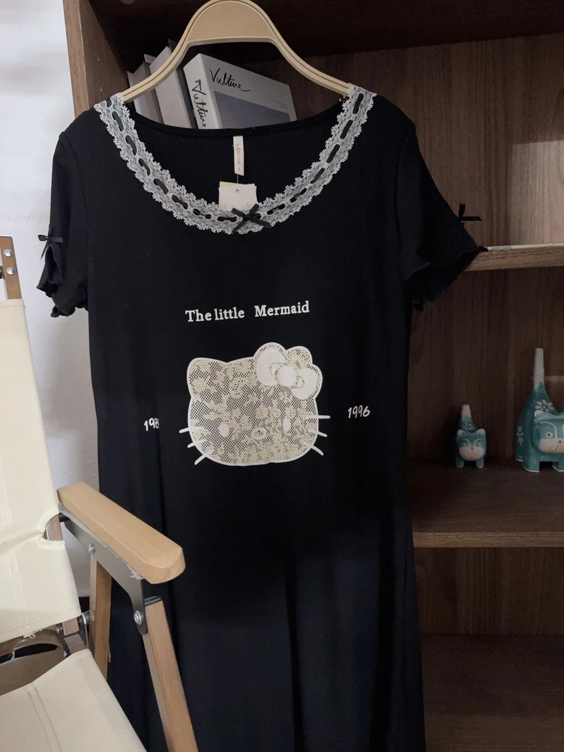 睡裙黑色蕾丝凯蒂猫~带胸垫短袖女纯欲夏外穿家居服~3344