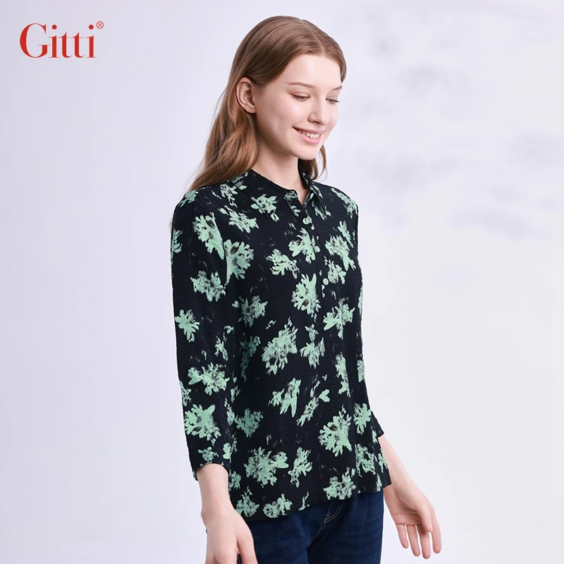 Gitti/吉蒂长袖T恤女时尚休闲宽松显瘦碎花翻领上衣G245039