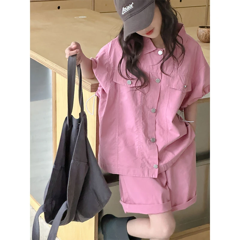 K26384女童夏装套装2025新款儿童衬衫短裤两件套女孩工装洋气衣服