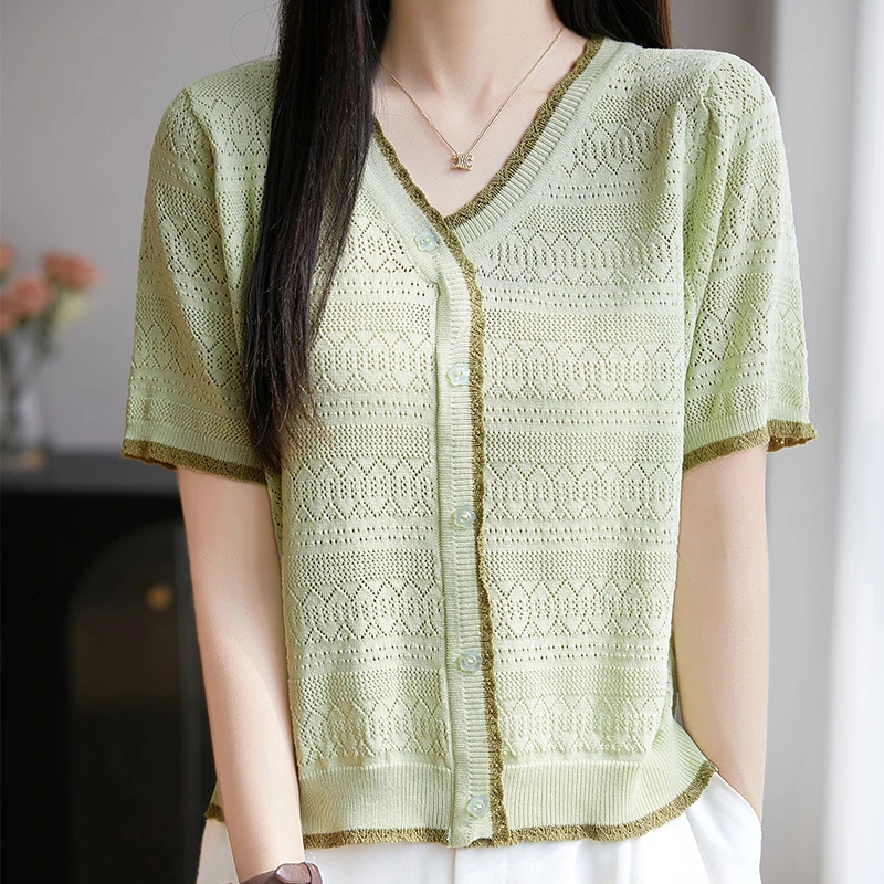 夏季百搭镂空针织女T恤高端时尚薄款v领打底短袖爆款设计感背心女