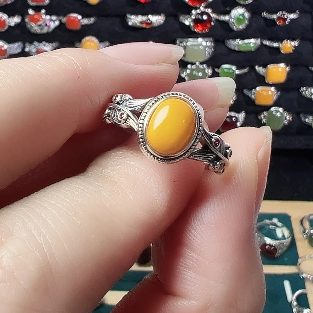 琥珀银S925镶嵌戒指，