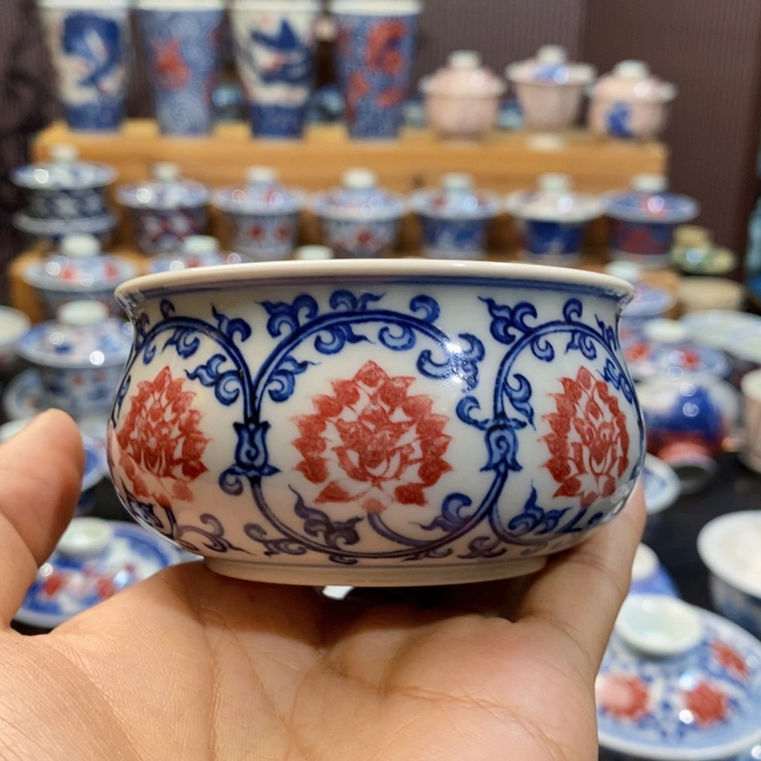 微瑕缠枝莲炉式杯原矿手绘