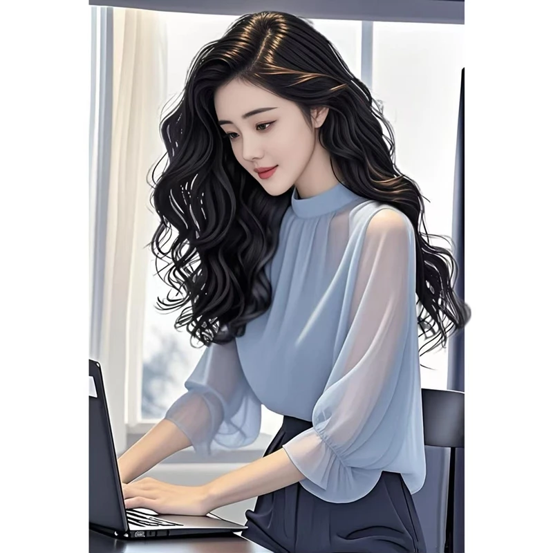 蓝色衬衫女夏季法式气质雪纺衫设计感七分袖薄款职业通勤优雅上衣