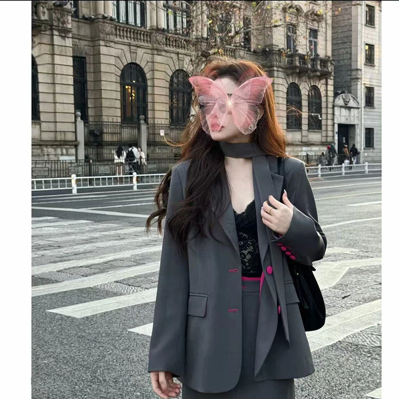 春秋高级感女装撞色时尚西装外套气质御姐风显瘦半身裙两件套减龄