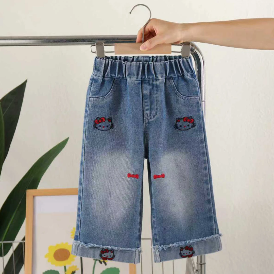 女童2025新款猫咪刺绣春秋洋气kitty猫刺绣直筒裤中小童百搭牛仔