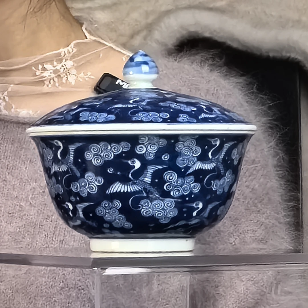 清 青花祥云仙鹤盖碗