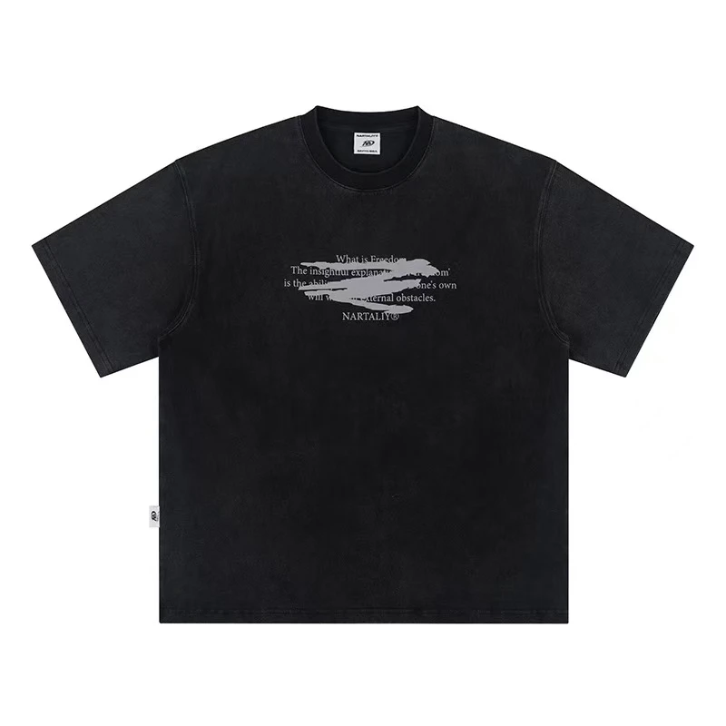 水洗做旧短袖t恤男女美式国潮涂改字母纯棉重磅宽松半袖-T329