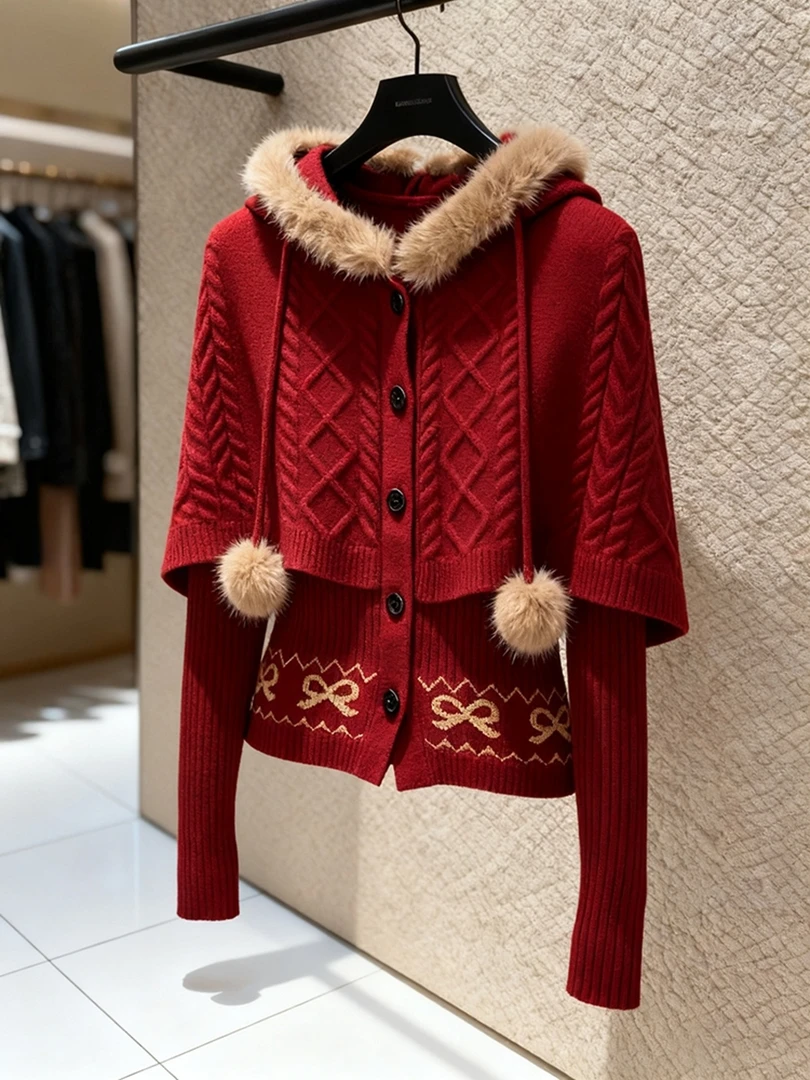 新年圣诞慵懒高级感针织衫独特漂亮超好看红色连帽斗篷毛衣女冬季