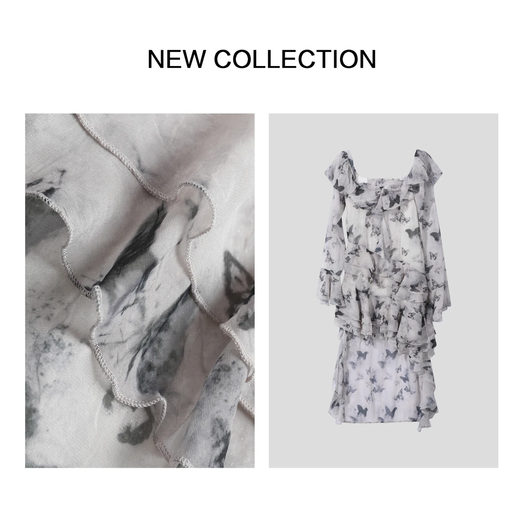 【诗语专属】L3F28055 梦幻蝴蝶印花连衣裙，多层次荷叶边设计