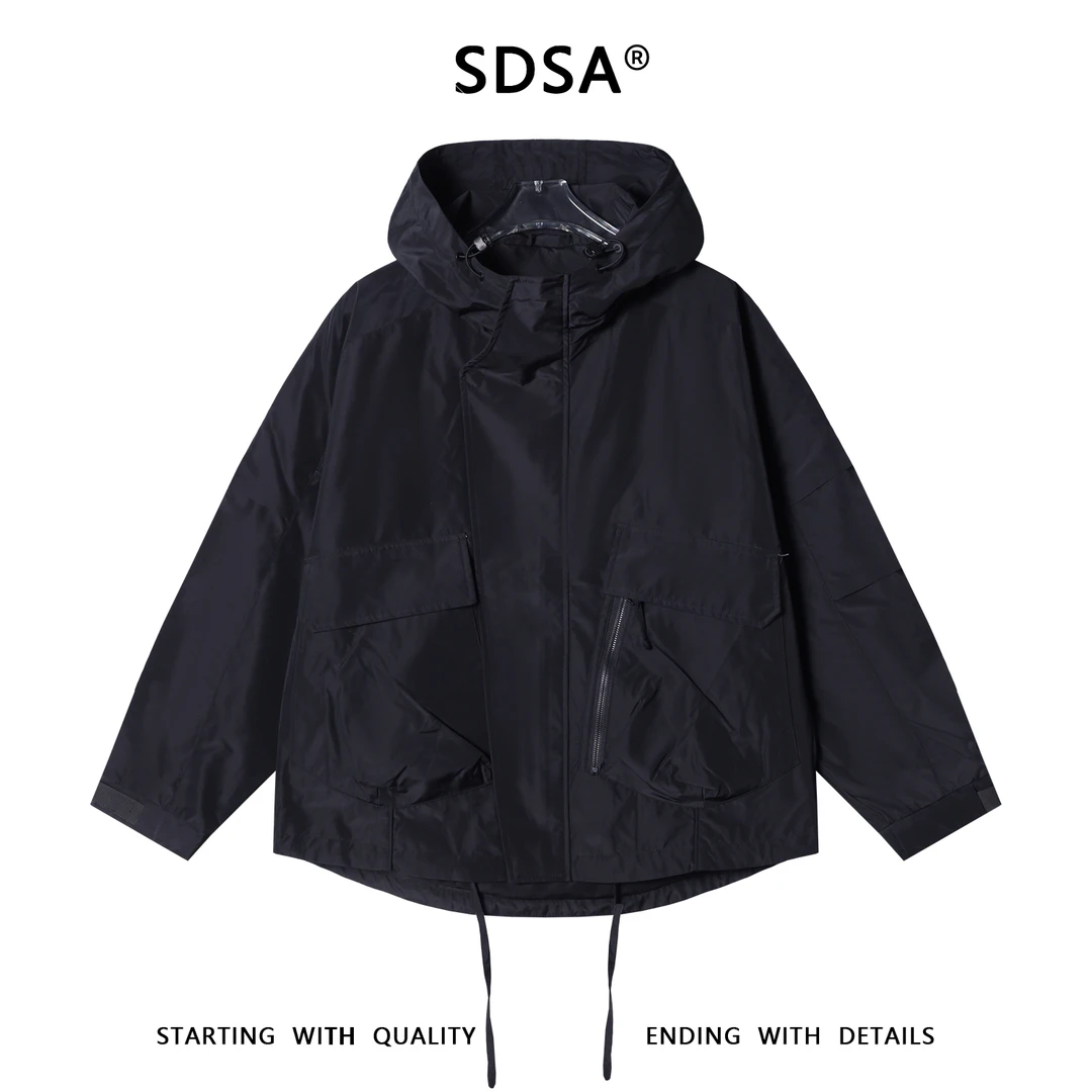 SDSA秋冬新款痞帅男装贴袋松紧拉链立领连帽冲锋衣夹克外套百搭
