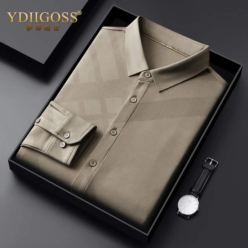 YDIIGOSS春秋季男士休闲羊绒含量衬衫长袖衬衣中年新款上衣