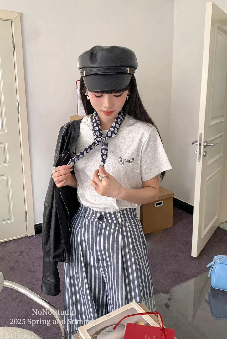 NONO@1357 韩系百搭刺绣字母短袖T配丝巾 3-7