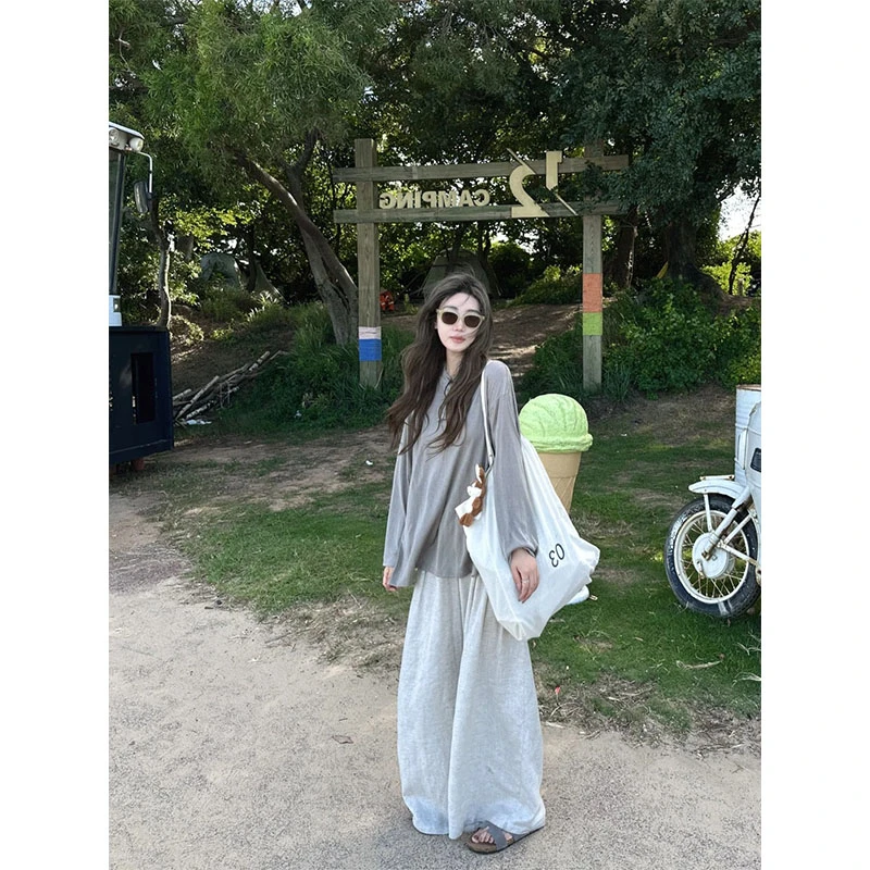 夏季慵懒风小众网红穿搭显瘦修身长袖上衣休闲宽松百搭简约长裤女