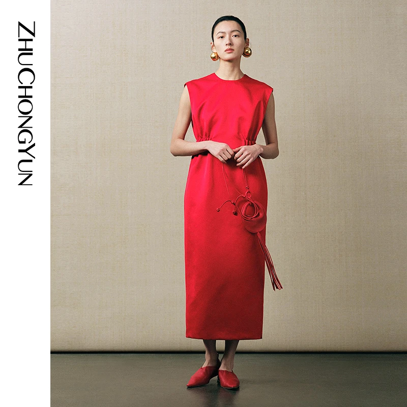 【意大利进口】ZHUCHONGYUN2025秋新款中式收腰连衣裙C1FZ31316