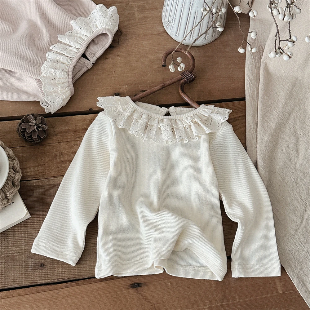 INS款春秋婴幼儿双层花边领长袖细坑条打底衫女宝宝一粒扣上衣