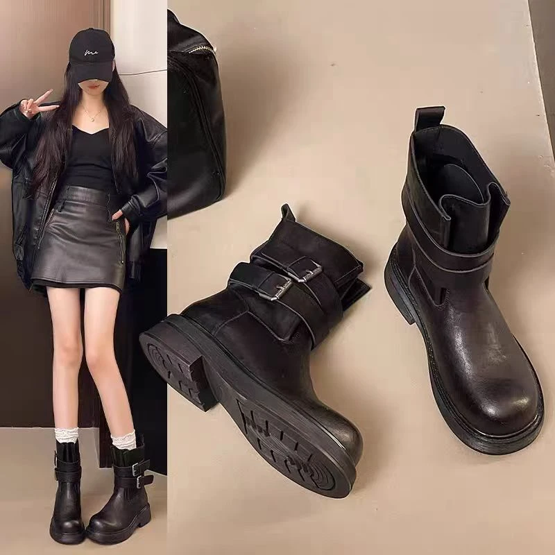 【新疆包邮】牛皮版~毒液25年新款厚底加绒皮带扣短靴902M