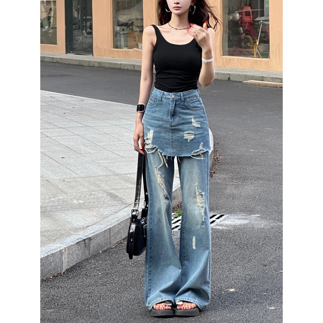 假两件裤裙不贴腿微喇叭牛仔裤女2025冬季新款破洞高腰显瘦长裤