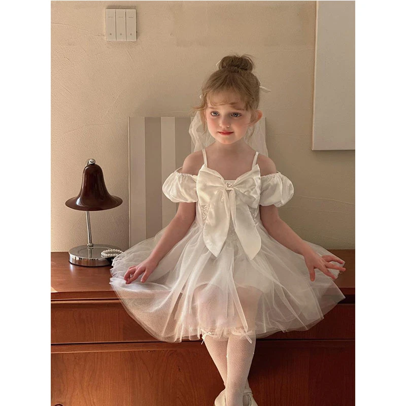 【本妈】2025夏”冷萃白玫”女童一字肩大蝴蝶连衣裙258821