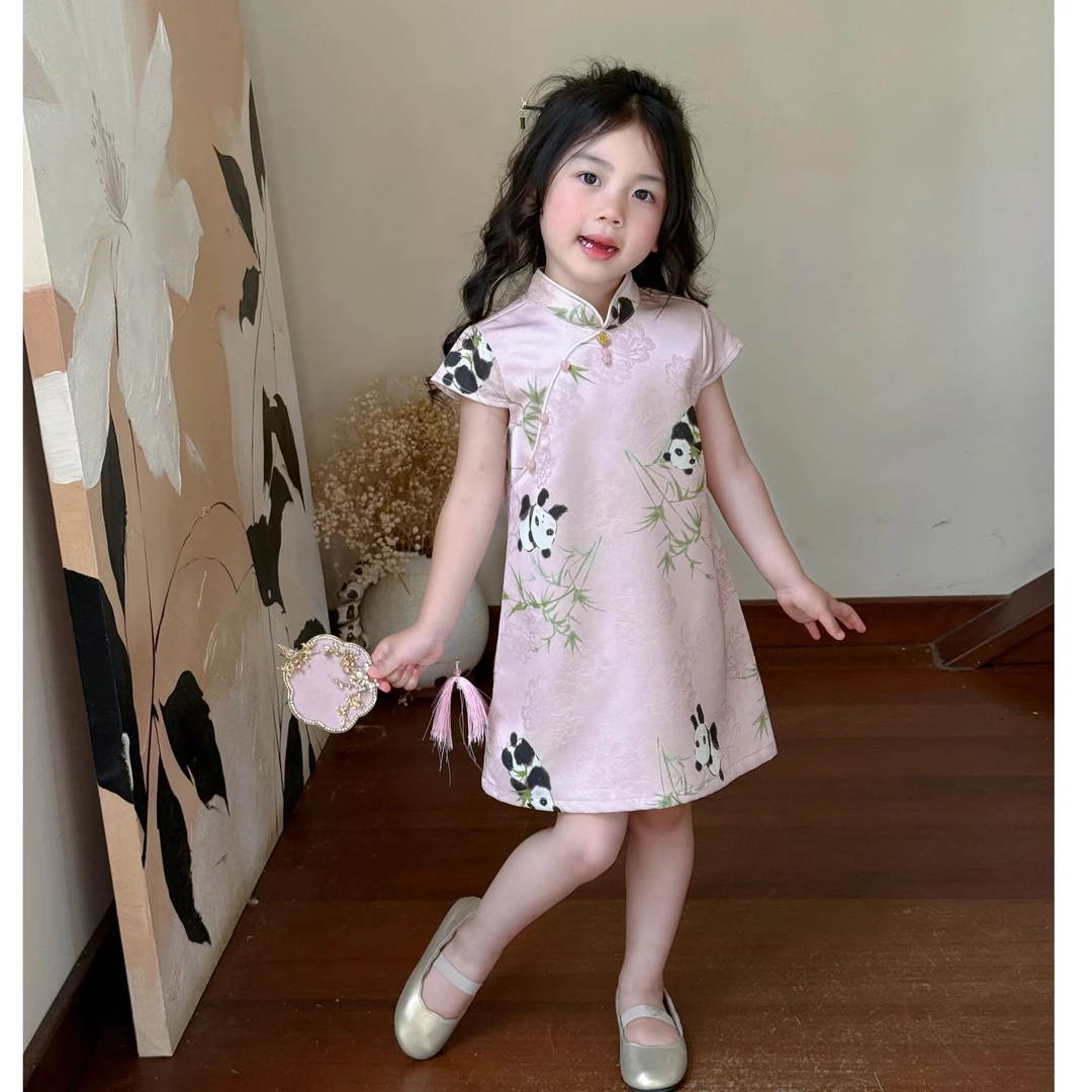 现货）壹妈夏季女童新中式立领粉色改良版旗袍国风甜美可爱连衣裙