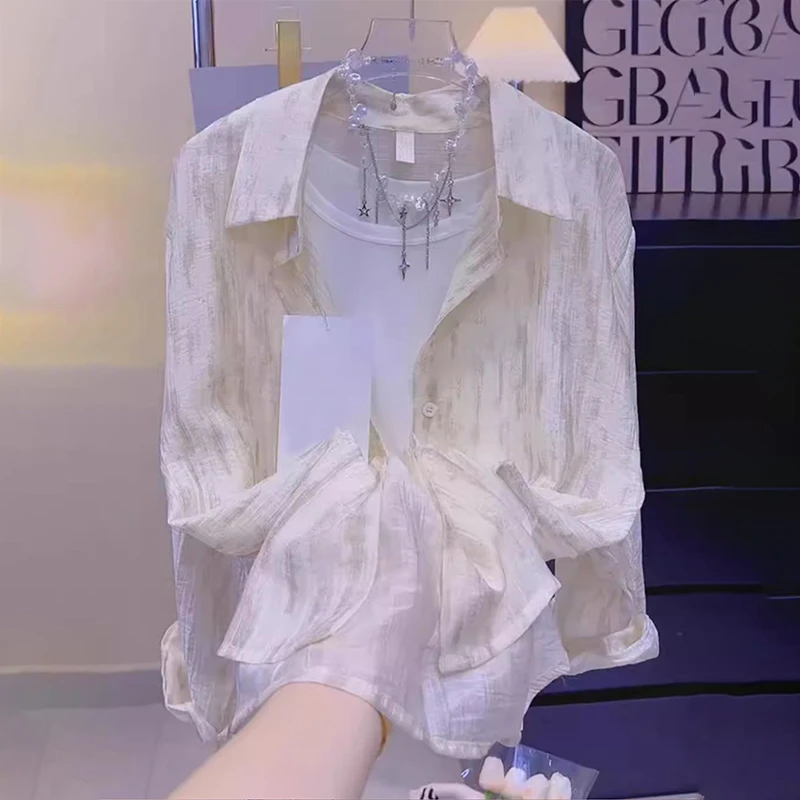 POLO领长袖防晒衬衫女水墨印花开衫外套2025夏季轻薄透气宽松上衣