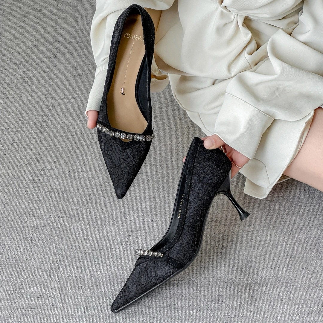 Y26K1186秋季尖头细跟高跟鞋韩版时髦小姨风蕾丝法式性感百搭气质