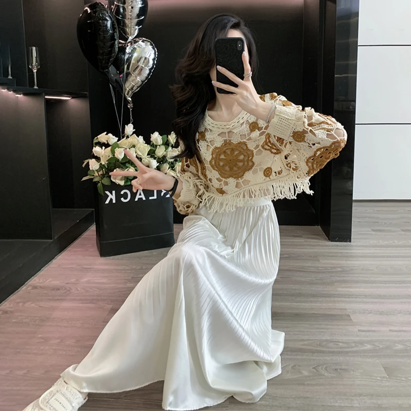 钩花镂空流苏长袖针织衫罩衫套装夏季气质白色雪纺半身长裙两件套