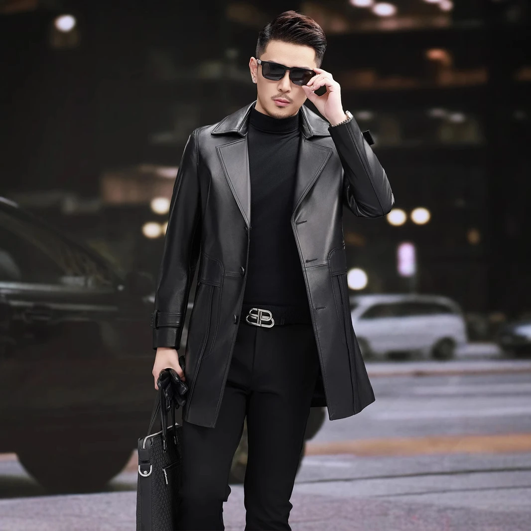 春秋新款男士真皮皮衣中长款风衣商务休闲气质外套韩版修身大衣