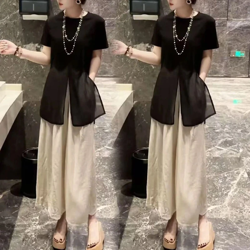 时尚设计感开叉网纱拼接短袖T恤女2025夏季大码胖MM减龄显瘦上衣