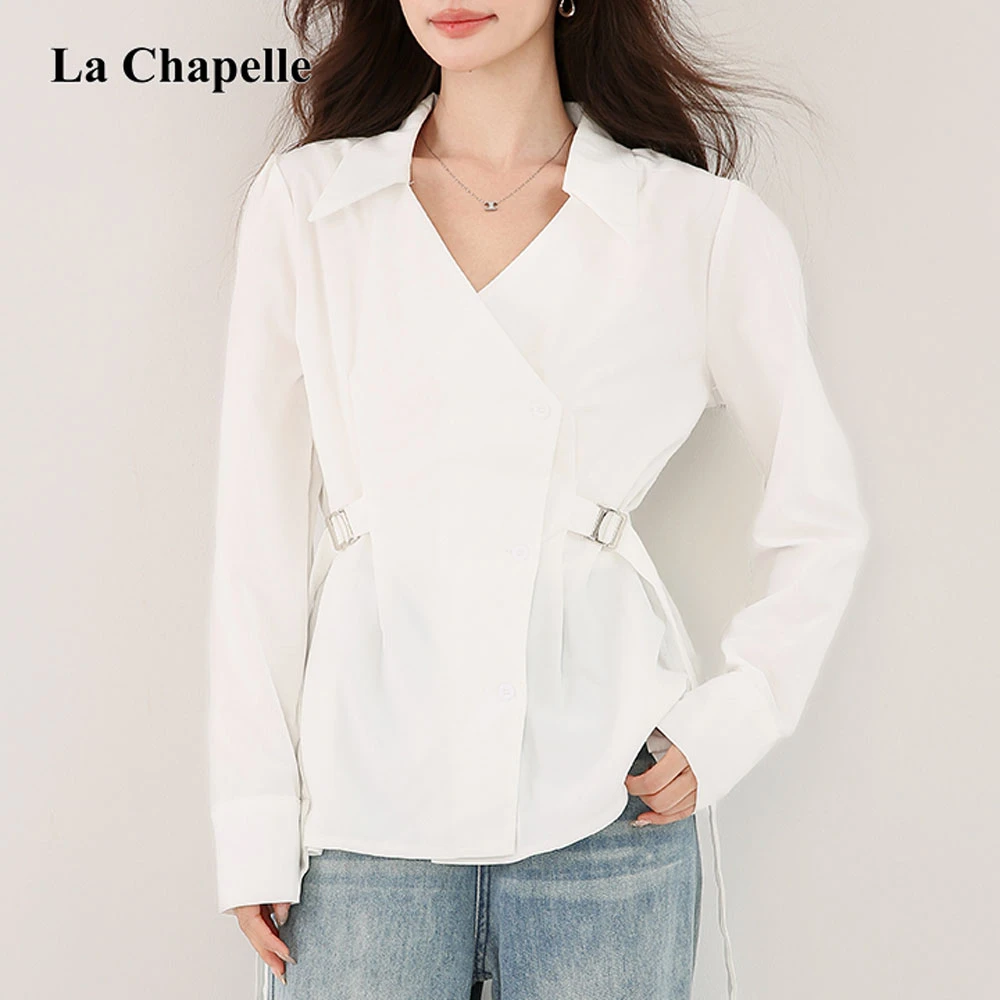 拉夏贝尔2025秋季款通勤时尚百搭休闲气质显瘦系带V领长袖衬衫女
