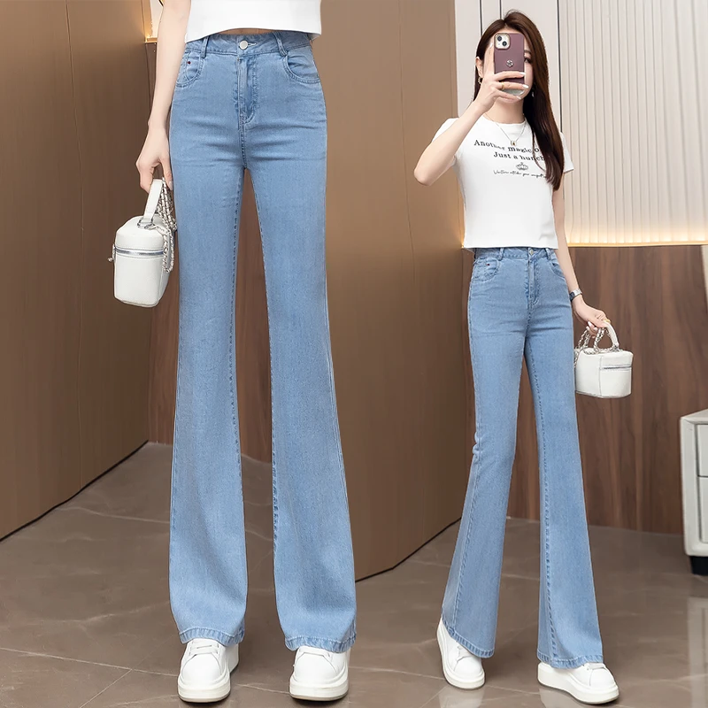 天丝微喇牛仔裤女薄款今年夏季新款修身显瘦喇叭裤休闲时尚马蹄裤