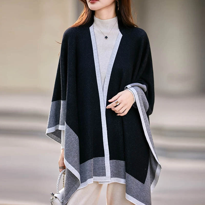 Y2531已开价 两面穿羊毛撞色大披肩法式保暖外搭针织披肩围巾两用