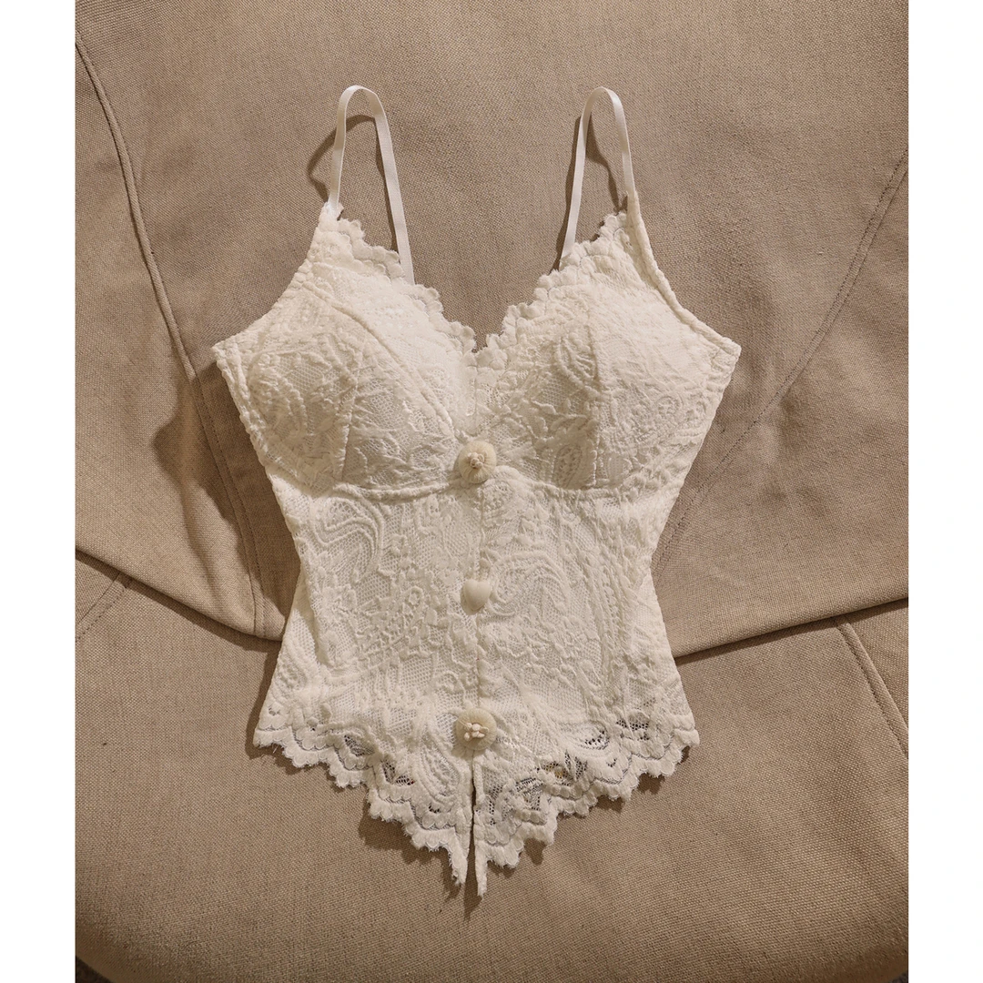 名媛风法式蕾丝吊带背心女高级感性感纽扣装饰显瘦外穿修身上衣