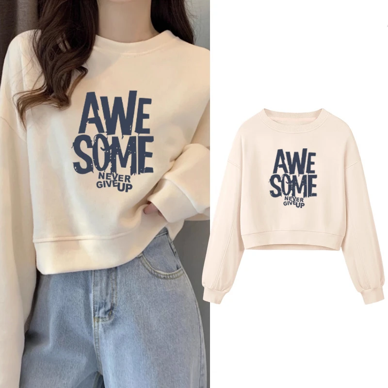 圆领套头短款卫衣女加绒加厚秋冬上衣卫衣宽松百搭小个子春秋薄款