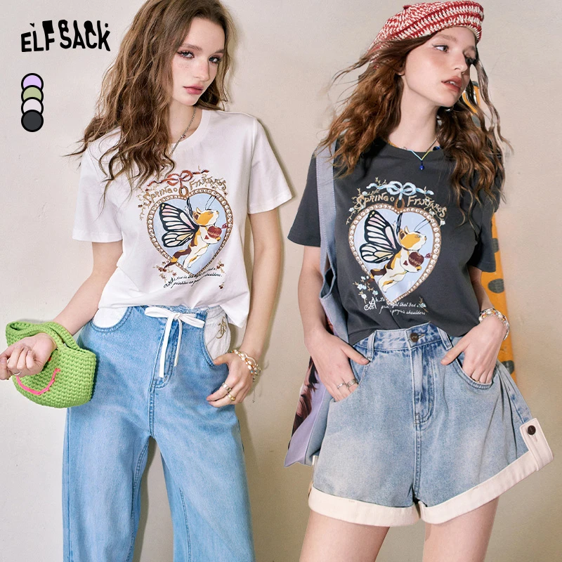 妖精的口袋爱神降临猫咪印花正肩短袖t恤女