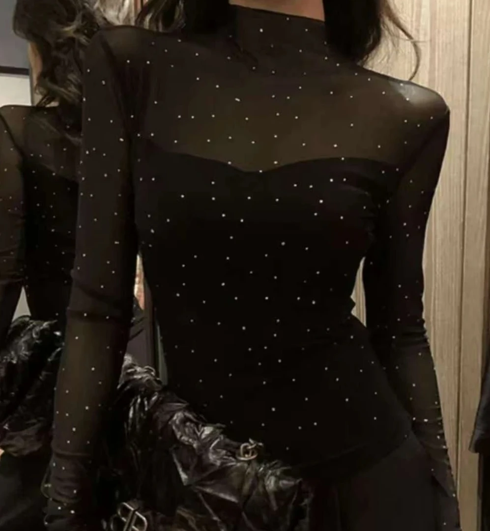 打底衫ins9144波点半高领蕾丝高领蕾丝衫镂空休闲风修身