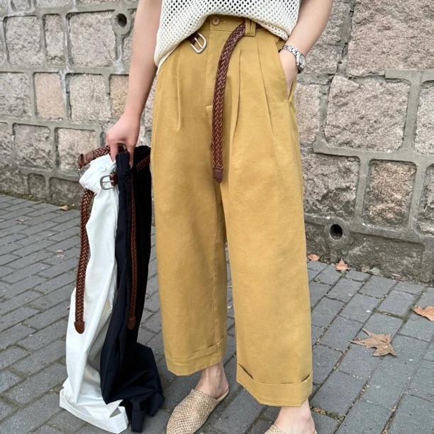 LMM 9975 褶皱阔腿裤女夏季新款复古高腰宽松垂感显瘦百搭休闲