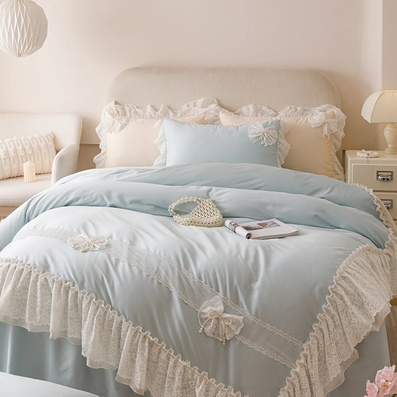纯棉床上用品公主风蝴蝶结花边被套全棉床裙四件套长绒棉法式套件